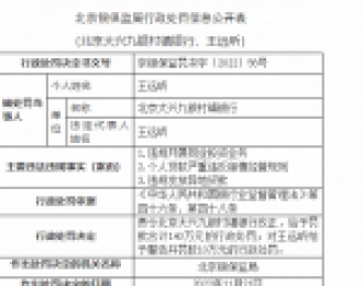 北京大兴九银村镇银行被罚140万元：因违规开展同业投资业务等