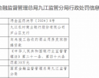 九江农商银行庐山区支行被罚30万：因向未竣工验收的商业用房发放按揭贷款