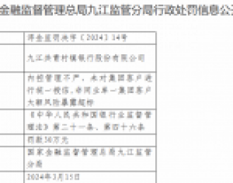 九江共青村镇银行被罚30万：因内控管理不严等