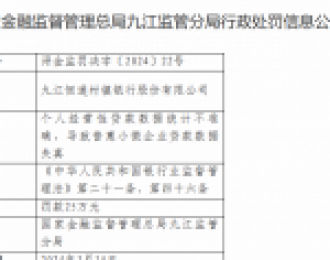 九江恒通村镇银行被罚25万：因个人经营性贷款数据统计不准确等