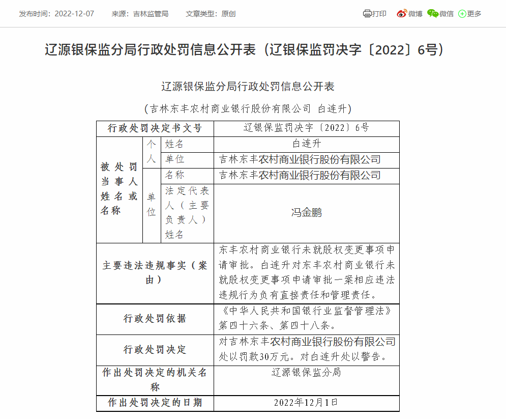吉林东丰农商银行被罚30万：因未就股权变更事项申请审批